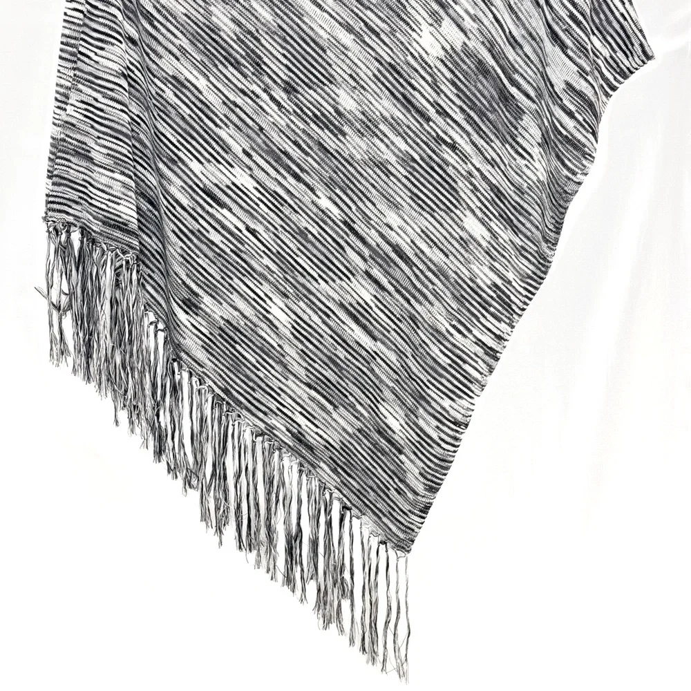 BcbgMaxazria Silk Poncho Cape Black and White with Asymmetrical Fringe
